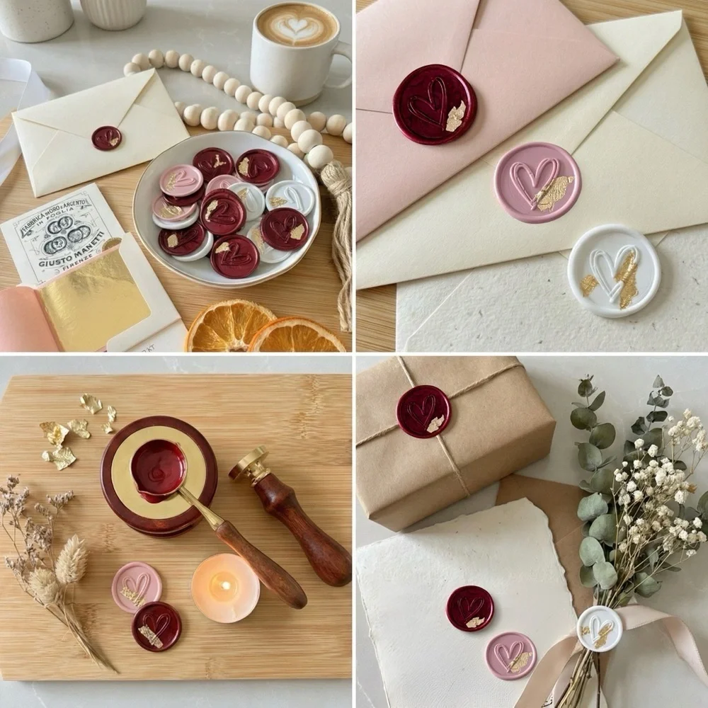 22k Gold Leaf Handmade Heart Wax Seals Wedding Invite Peel & Stick | 25 pack